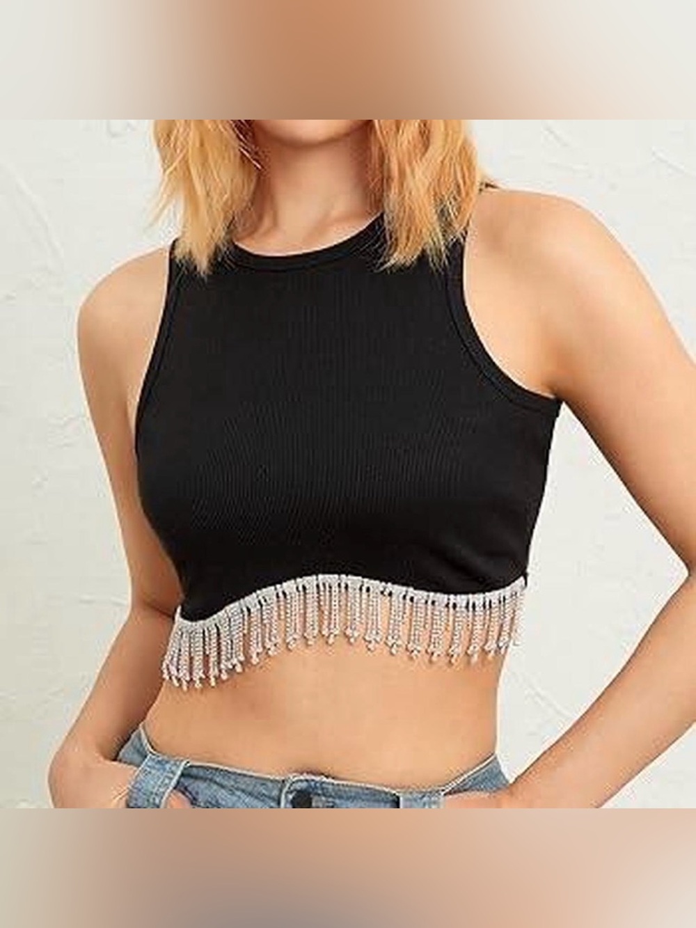 Black Crop Tank Top with Silver Rhinestone Fringe